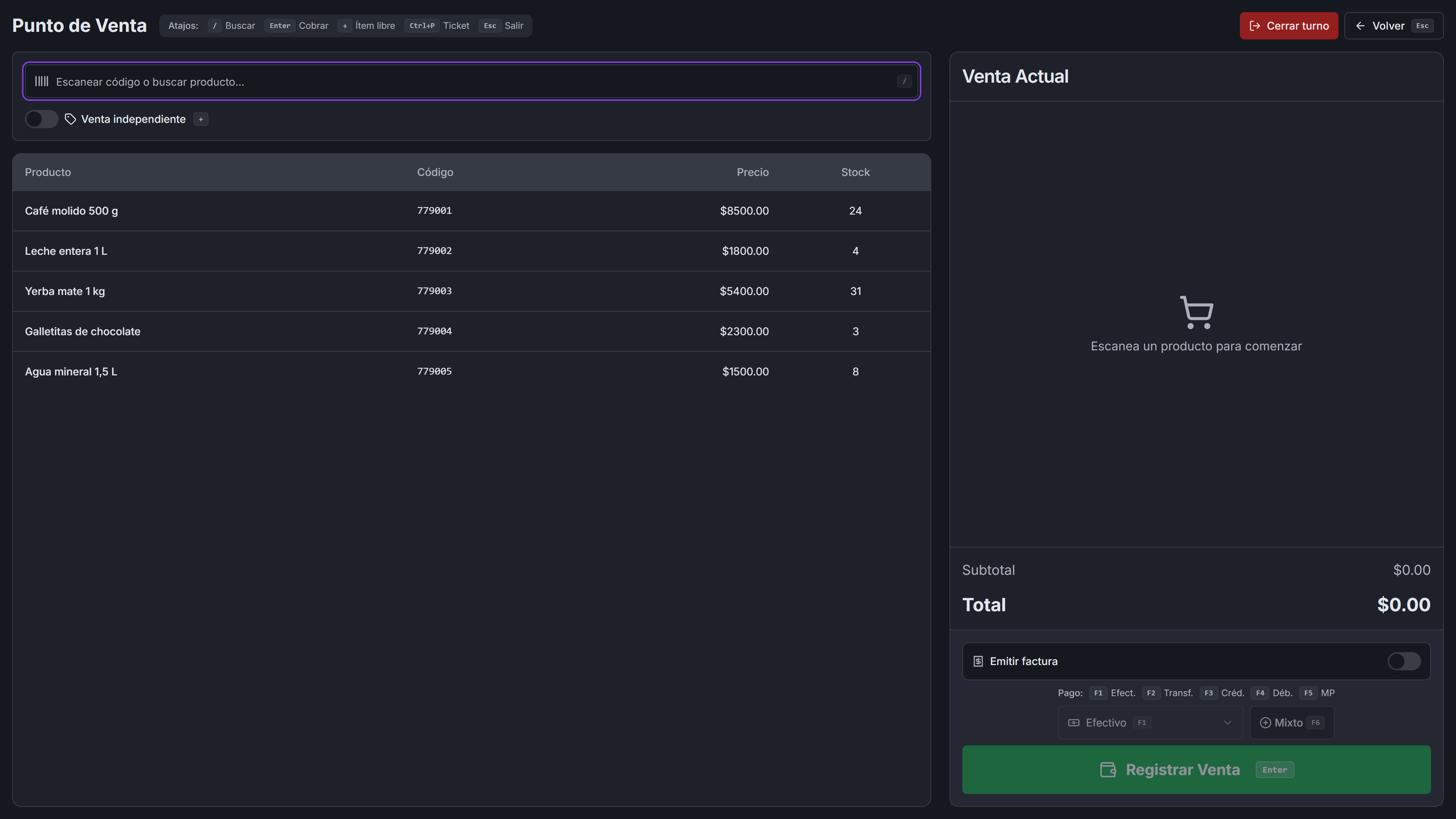 Captura de ventas y caja con datos de ejemplo